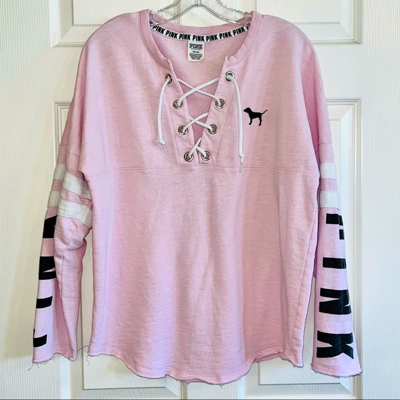 PINK Victoria's Secret Tops - Victoria’s Secret PINK Over-Sized Lace Up Sweatshirt Size Medium Baby Pink
